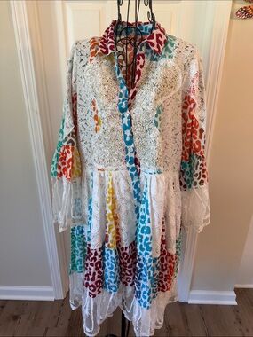 Boho Lace Long Sleeve Dress with Multicolor Leopard Panels